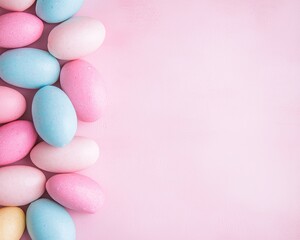 Obraz premium Pastel Easter Eggs on Pink Background Spring Festive Border Holiday Decor