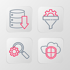 Set line Cloud and shield, Magnifying glass gear, Sales funnel with and Server, Data, Web Hosting icon. Vector