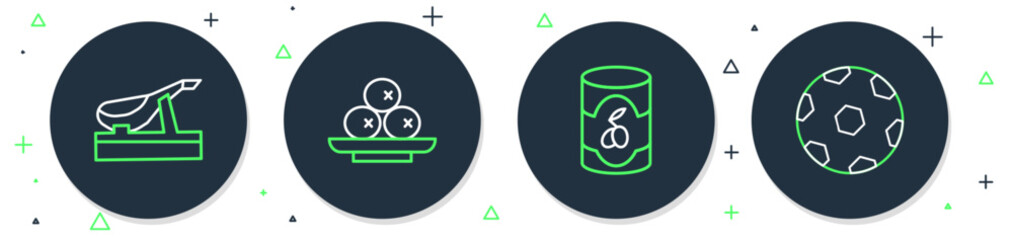 Set line Olives on plate, in can, Spanish jamon and Football ball icon. Vector