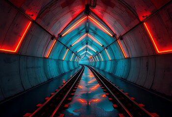 A futuristic 3D rendering of an empty, dark corridor with a glowing side window, concrete block walls, and an underground track creates a realistic and sci-fi atmosphere in a futuristic triangle-shape