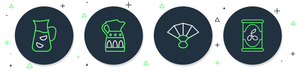 Set line Sangria pitcher, Fan flamenco, and Olives in can icon. Vector