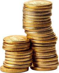 Piles money gold coins of gleaming with isolated against transparent background. Banking and financial concept, coin, money, gold, currency