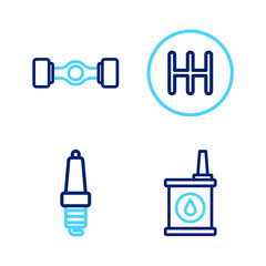 Set line Canister for motor oil, Car spark plug, Gear shifter and Chassis car icon. Vector