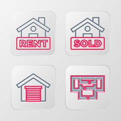 Set line House plan, Garage, Hanging sign with text Sold and Rent icon. Vector