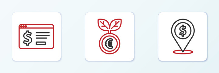 Set line Cash location, Online banking with dollar and Euro plant icon. Vector