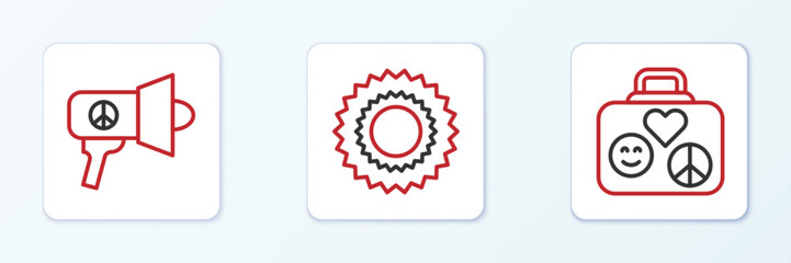 Set line Suitcase for travel, Megaphone and Sun icon. Vector