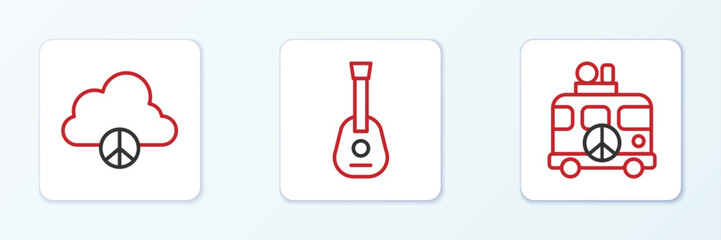 Set line Hippie camper van, Peace cloud and Guitar icon. Vector