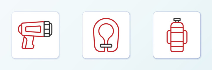 Set line Aqualung, Flashlight for diver and Life jacket icon. Vector