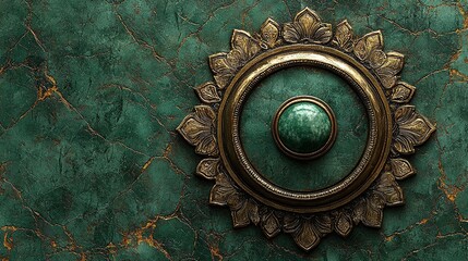 Fototapeta premium Green gemstone in ornate brass frame on cracked marble surface.