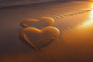 Fototapeta premium Romantic scene of overlapping hearts in golden sand under a setting sun at the beach