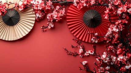 A Chinese decoration featuring a red and gold paper fan, evoking the lunar new year theme