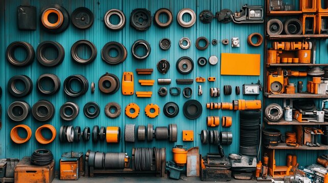 Diverse collection of mechanical parts organized on a blue wall in a workshop setting