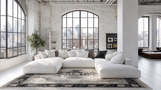 Spacious modern living room with large windows and city view in a loft apartment