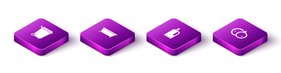 Set Isometric Trash can, Bathtub, Fabric softener and Washing dishes icon. Vector