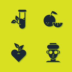 Set Laboratory glass and leaves, Facial cosmetic mask, Heart and Citrus fruit icon. Vector