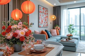 A warm, brightly lit kitchen decorated for Chinese New Year