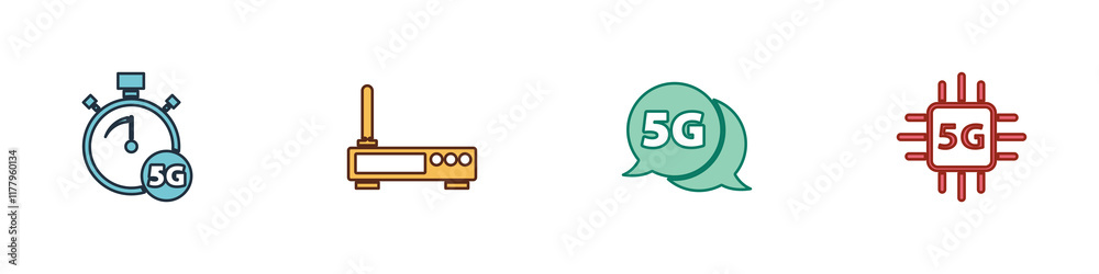 Poster set digital speed meter 5g, router and wi-fi signal, network and processor icon. vector
