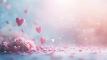 Obraz premium Love is in the Air - Romantic Valentine's Day Banner with Pastel Hearts, Roses, and Dreamy Light Effects