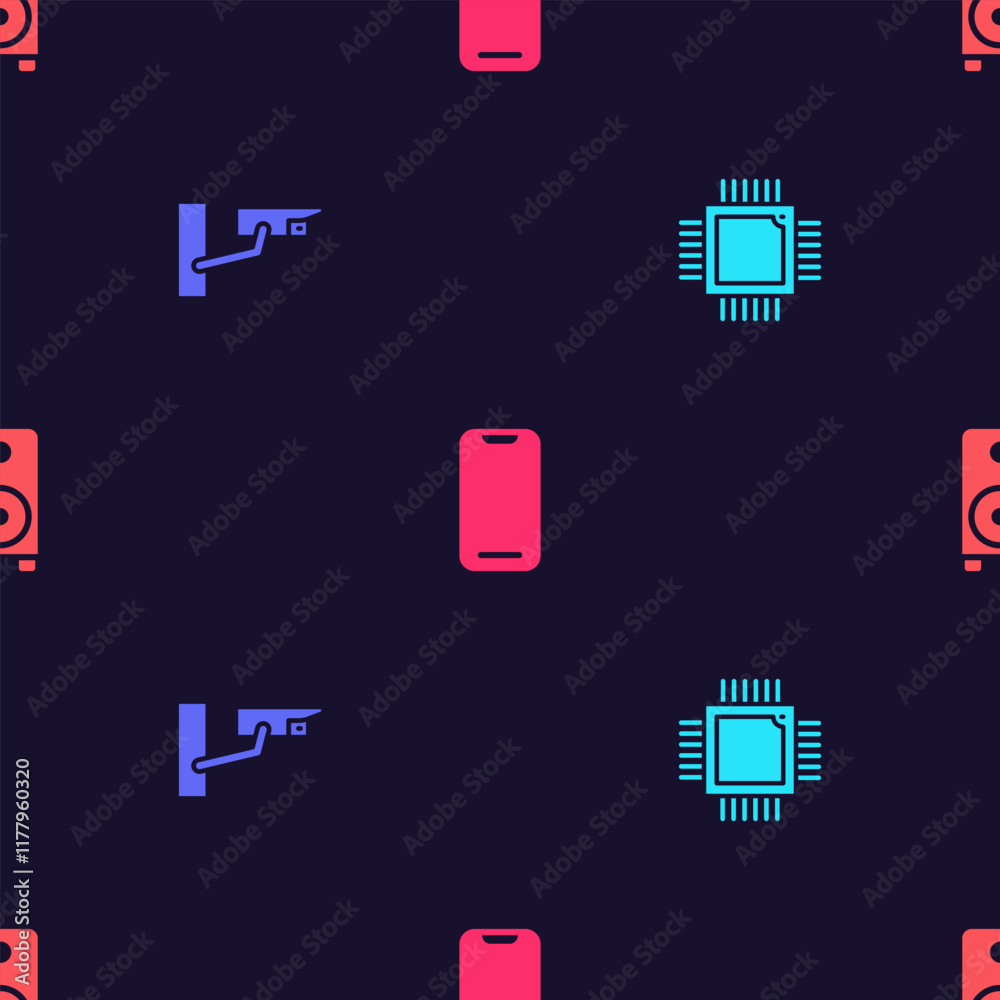 Poster set processor with microcircuits cpu, security camera, smartphone and stereo speaker on seamless pat