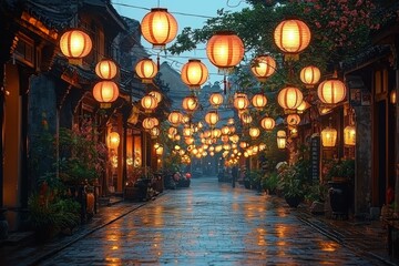 Decorations featuring Chinese lantern ornaments for the Mid Autumn Festival to bring luck, health, happiness, and prosperity to Singapore