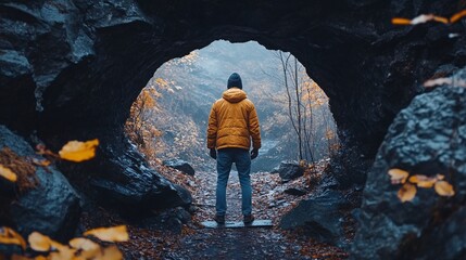 Obraz premium Exploring a misty canyon while standing at the entrance of a rocky tunnel in autumn