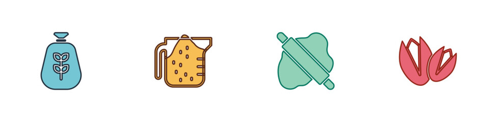 Set Bag of flour, Measuring cup, Rolling pin on dough and Pistachio nuts icon. Vector