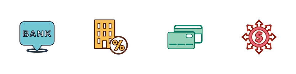Set Bank building, House with percant discount, Credit card and Dollar, share, network icon. Vector