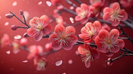 Chinese New Year, also referred to as the Spring Festival, features a digital particles background with Chinese ornaments, cherry blossoms, and Chinese calligraphy, symbolizing good health, good
