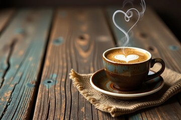 Weathered wooden table with burlap sack and old coffee cup with heart-shaped steam, weathered wood, steam, heart shaped