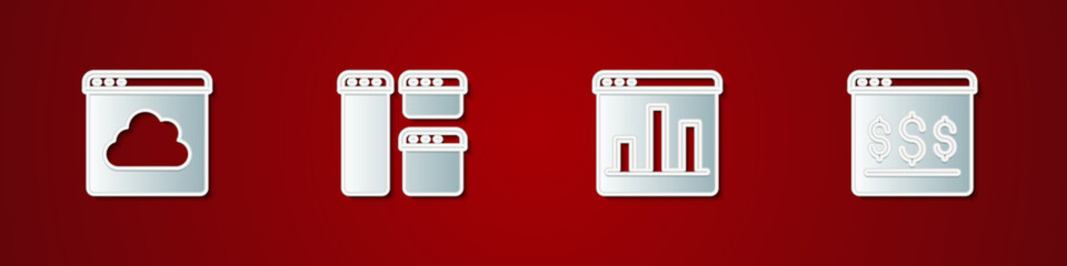 Set Cloud technology data transfer, Browser window, Graph chart infographic and Online shopping on screen icon. Vector