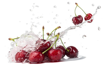 Fresh Red Cherries Splashing Into Water with Drops on transparent Background

