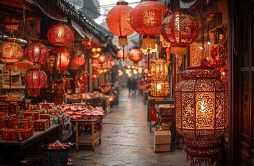 Fototapeta premium Red Chinese decorations are the central focus in Chinatown, New York City