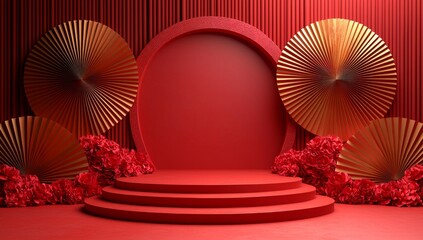 Chinese New Year celebration with a Golden Podium display mockup on a vibrant red abstract background, enhanced by a hand paper fan for a sleek product presentation, in 3D rendering