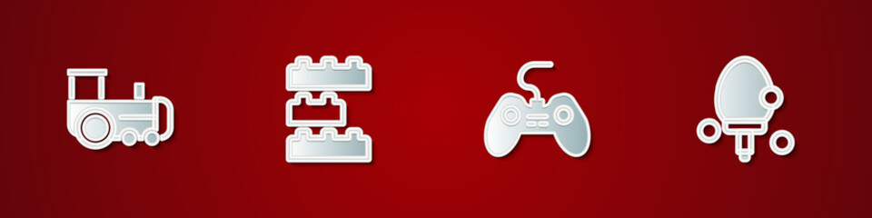 Set Toy train, building block bricks, Gamepad and Racket icon. Vector
