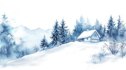 Snowy mountain cabin watercolor winter landscape (1)