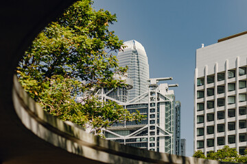 Modern skyscrapers framed by greenery and curved architecture