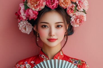 A beautiful Asian woman dons a traditional cheongsam dress, adorned with a vibrant flower wreath on her head, while holding a fan in an isolated studio against a red background