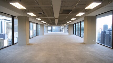 Spacious empty office interior with large windows and city views during daytime