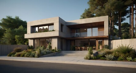 Obraz premium 3d rendering of modern house with cutaway showing interior design and garage for car, front view. all white color. panoramic window overlooking the sea or ocean.