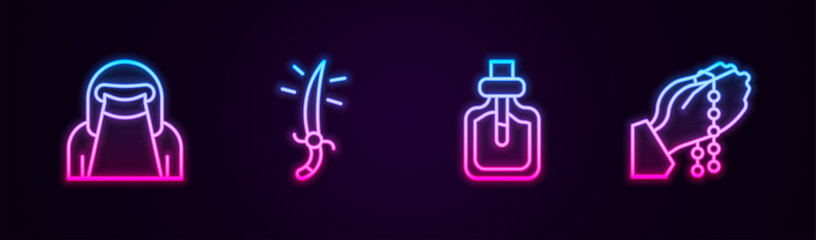 Set line Muslim woman in niqab, Arabian saber, Perfume and Hands praying position. Glowing neon icon. Vector
