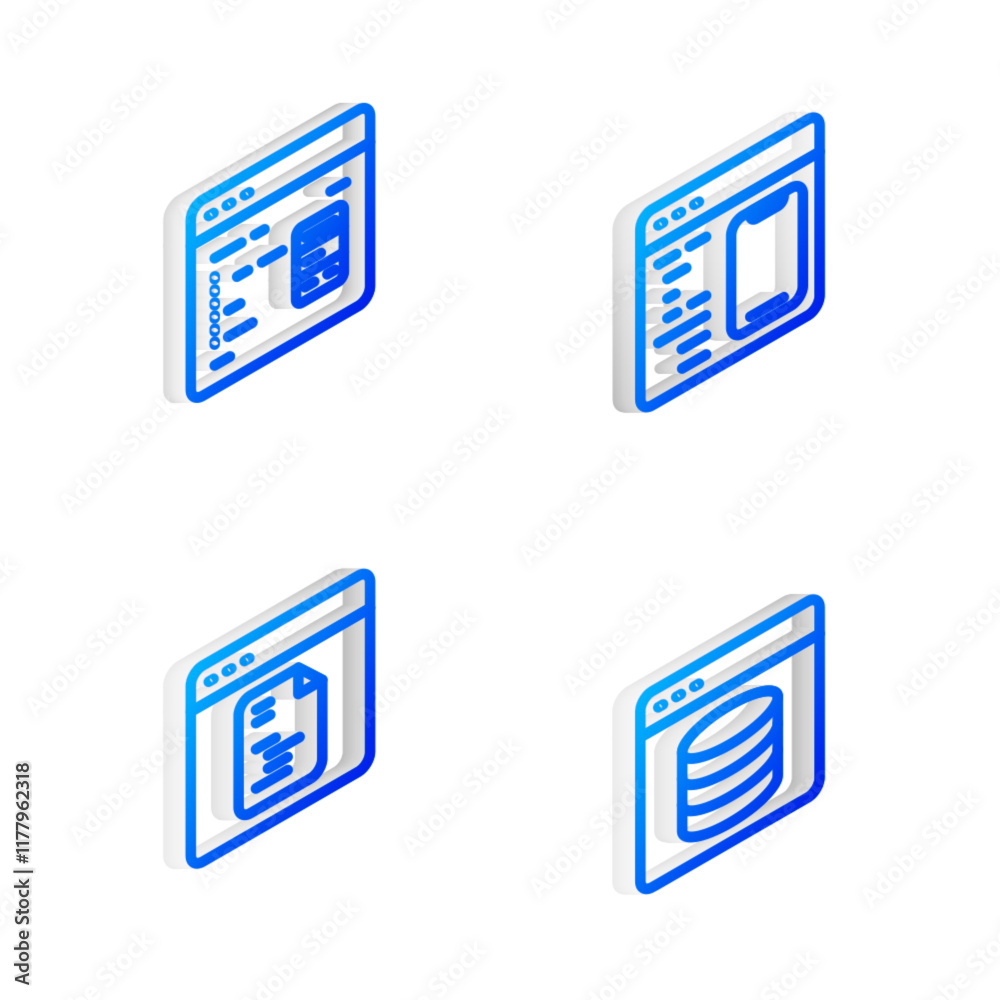 Wall mural set isometric line software, , and server, data, web hosting icon. vector