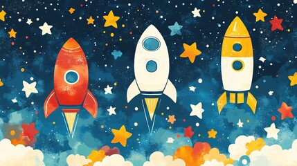 Colorful rockets soar through a starry sky in a whimsical space illustration