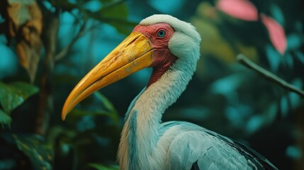 Obraz premium Majestic Yellow-billed Stork in Lush Tropical Foliage