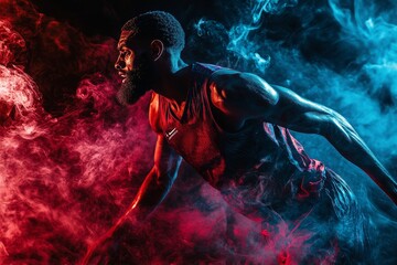 Dynamic portrait of a basketball player in action surrounded by vibrant red and blue smoke effects