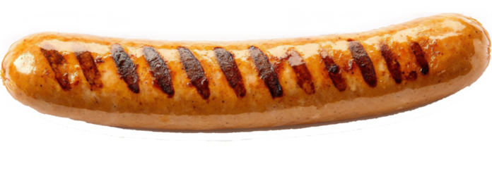 German bratwurst sausages isolated on white background. Grilled smoke beef sausage isolated on white background PNG file. 
