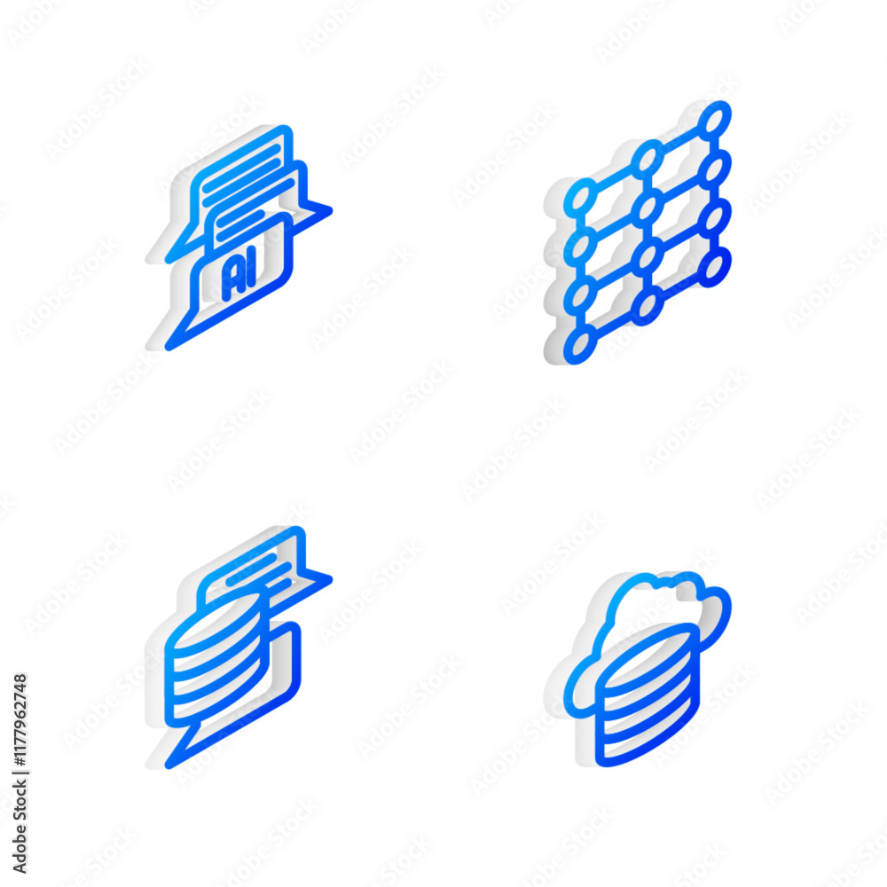 Poster set isometric line neural network, chat bot, server, data and cloud database icon. vector