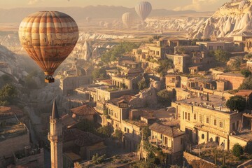 Breathtaking cappadocia landscape featuring hot air balloons and ancient cave dwellings in turkey