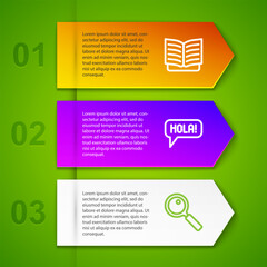 Set line Open book, Hola in different languages and Magnifying glass. Business infographic template. Vector