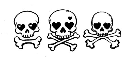 black and white vector illustration of skulls with heart-shaped eyes