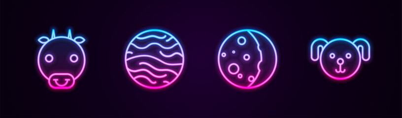 Set line Ox zodiac, Planet Venus, Eclipse of the sun and Dog. Glowing neon icon. Vector